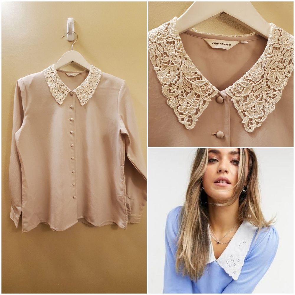 Play house ultra-soft, self fabric button down shirt with lace collar